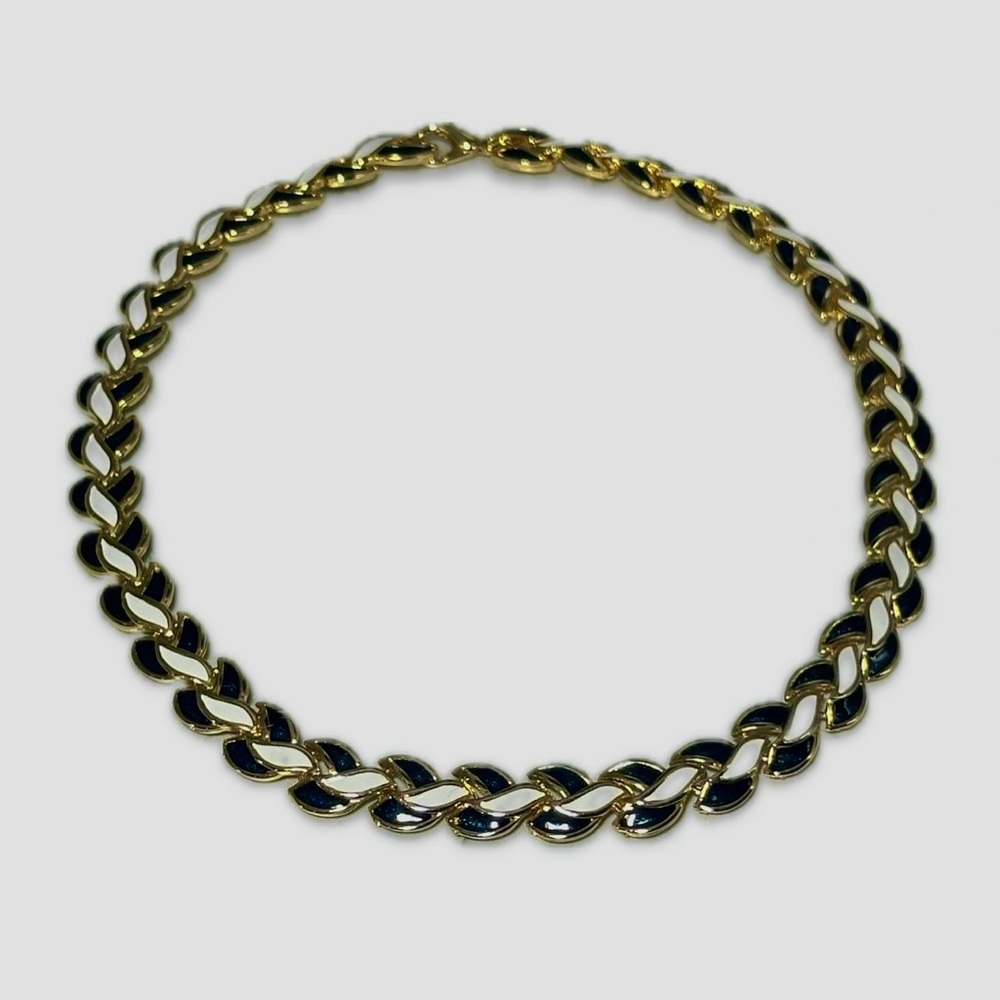 Rare Gold Dark Blue and White Enamel Braided Link Collar Necklace
